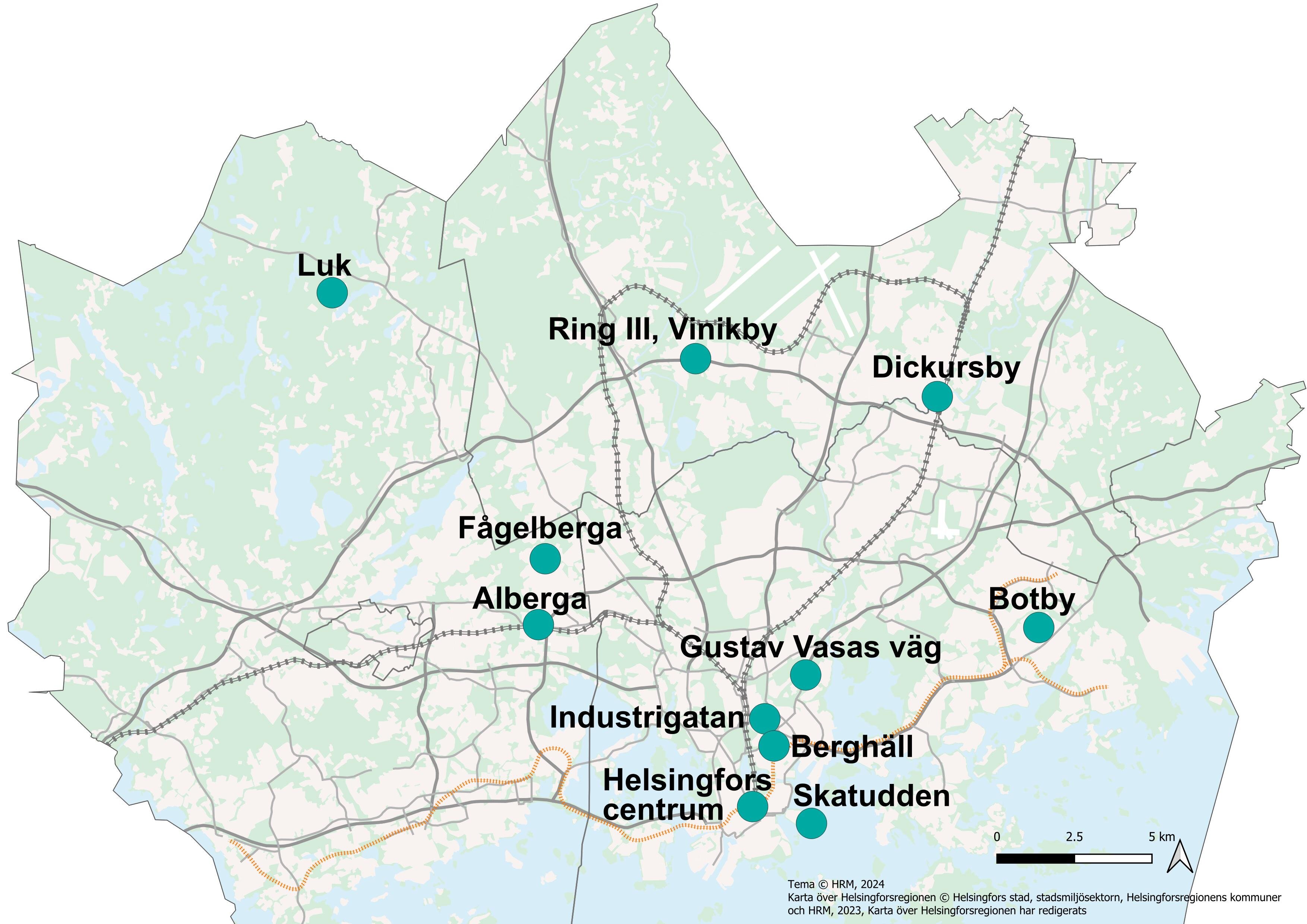 Mätstationerna för luftkvalitet i huvudstadsregionen år 2025.