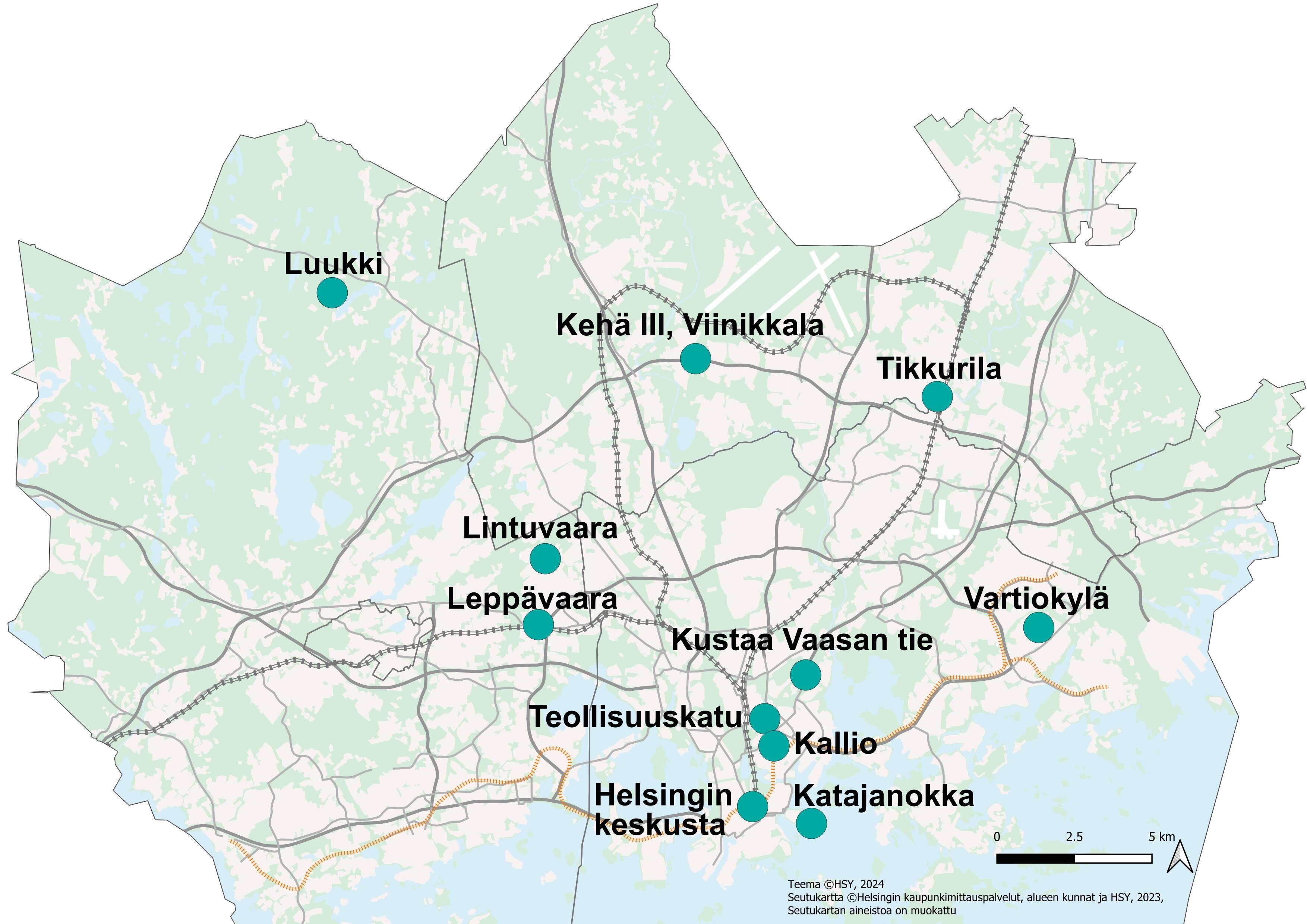 Ilmanlaadun mittausasemat pääkaupunkiseudulla vuonna 2025.