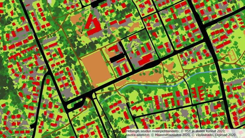 Esimerkki kuva Helsingin seudun maanpeiteaineistosta vuodelta 2020.