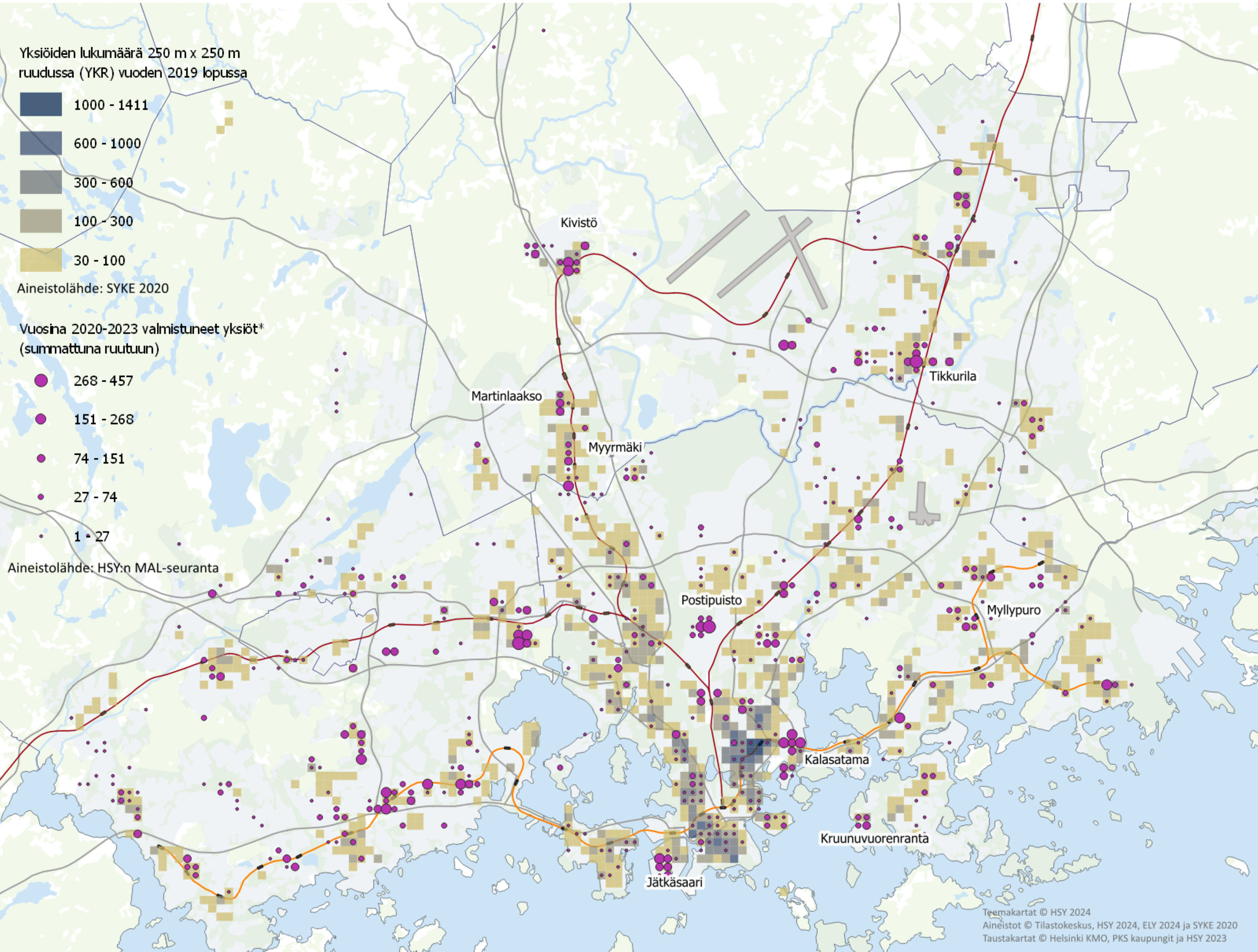 Teemakartta näyttää yksiöiden lukumäärän 250 m x 250 m YKR-ruuduittain vuoden 2019 lopussa ja sen päällä skaalautuvalla ympyräsymbolilla vuosina 2020-2023 valmistuneet yksiöt ruutuun summattuna.