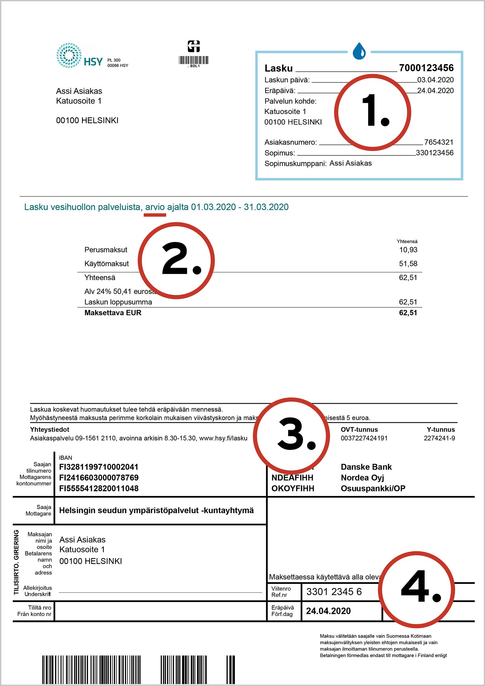 Illustrerade läsinstruktioner för uppskattningsfakturan. Bilden visar fakturans första sida. Ovanpå bilden finns ett identifikationsnummer. Beskrivningar av dessa finns nedan.