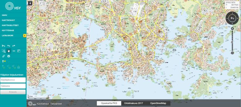 HSY:n avoimen  karttapalvelun aloitusnäkymä