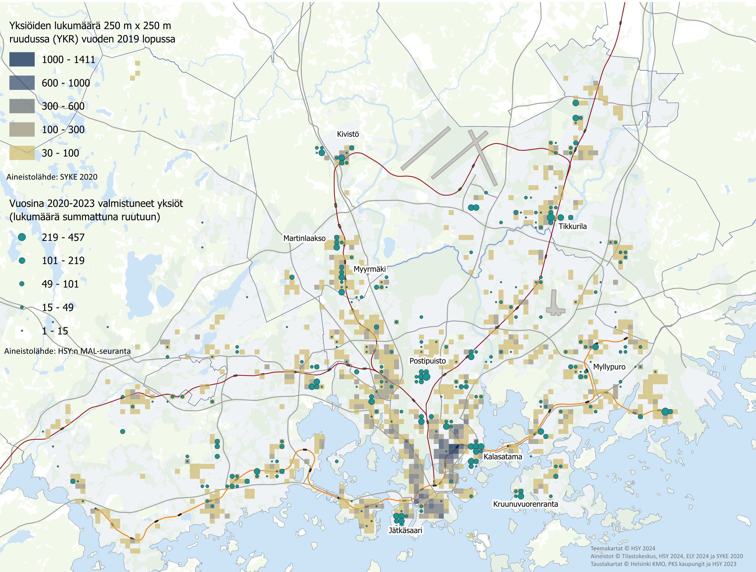 Teemakartta kuvaa pääkaupunkiseudulle vuosina 2020-2023 valmistuneiden uusien yksiöiden sijaintia ja lukumäärää skaalautuvalla pistesymbolilla. Pohjana on yksiöiden lukumäärä 250 m x 250 m ruuduissa vuoden 2019 lopussa. 