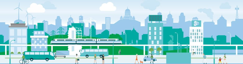 A turquoise illustration of the city, with blocks of flats, cars, trains, bicycles and people walking.