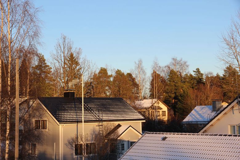 There is some snow on top of the roofs in the detached house area. There are coniferous trees in the background, the deciduous trees have no leaves. Smoke is coming from the chimney of the house in the foreground.